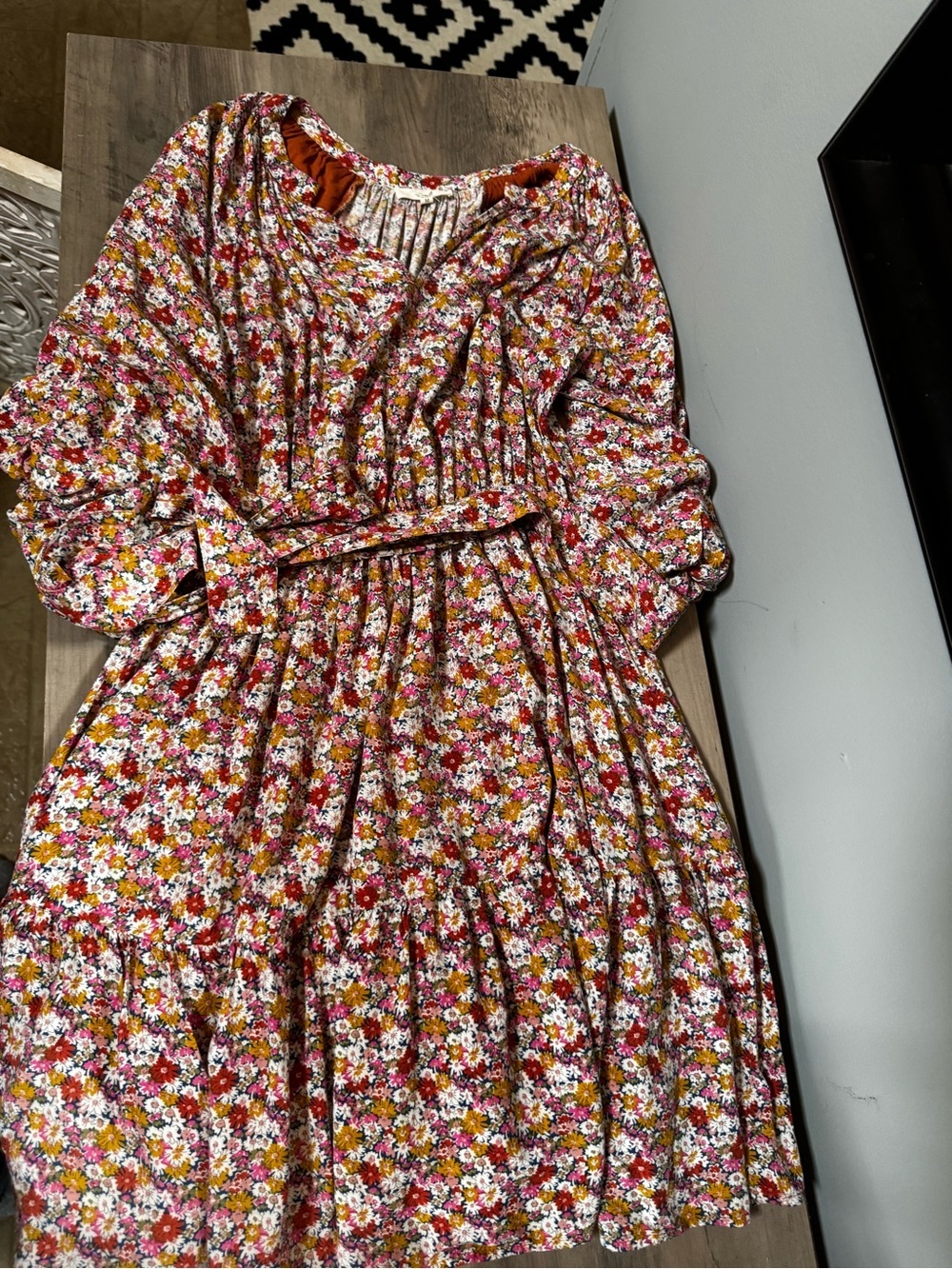 easel Floral Puff-Sleeve Midi Dress in Pink & Orange - Picture 2 of 10